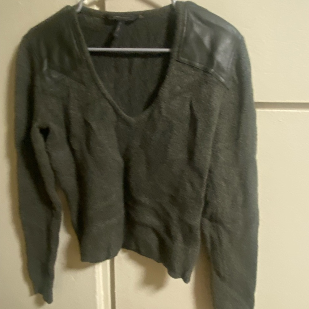 BCBGMaxAzria Dark Green V-Neck Sweater with Leather Accents